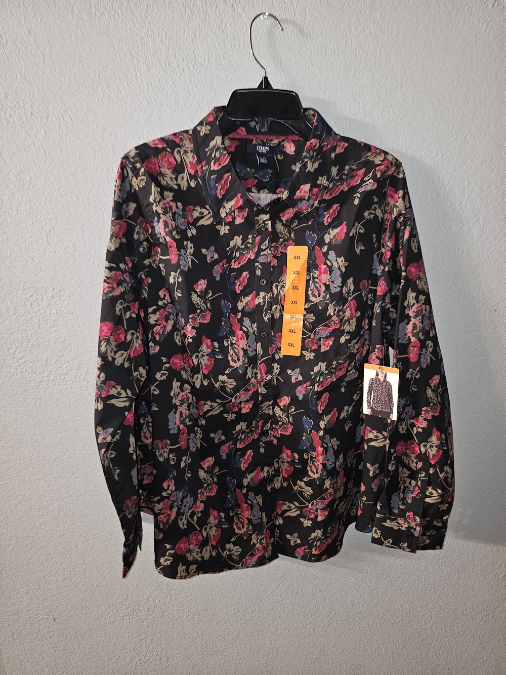 Chaps Black Floral Button-Down Shirt Jacket with Pink & Cream Accents